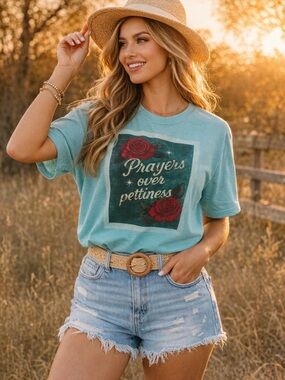 Comfort Colors Teal Graphic Tee with Rose Motif